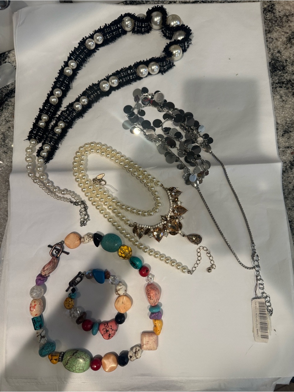 Layered Pearl and Black Braided Necklace Set with Silver Accents